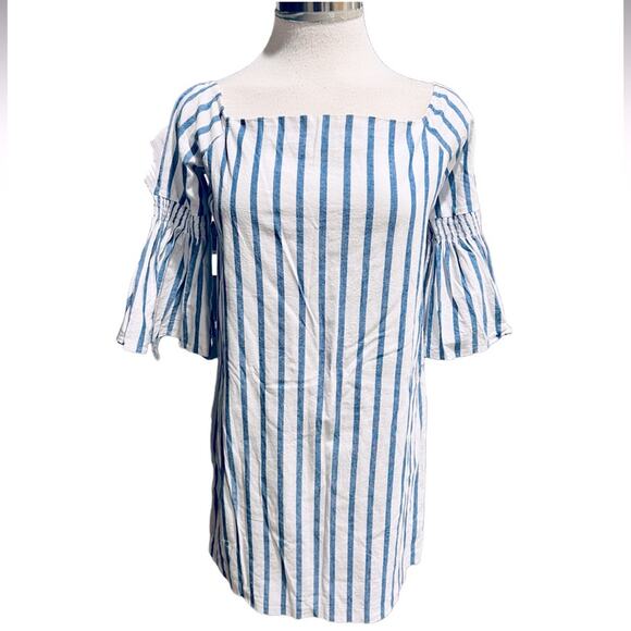 Aqua  Mini Dress Blue/White Cotton Striped 3/4 Bell Sleeve Size S - Picture 1 of 8